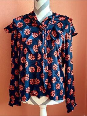 Anonyme Floral Tie-Neck Navy Blue Blouse with Coral Print